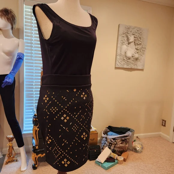 BEBE Bodycon Miniskirt Small Black Semistretch Gold colored Accents - Picture 3 of 12